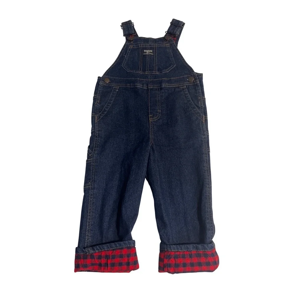 OshKosh Bgosh Toddler 4T Flannel Lined Denim Overalls Dark Wash Buffalo Plaid